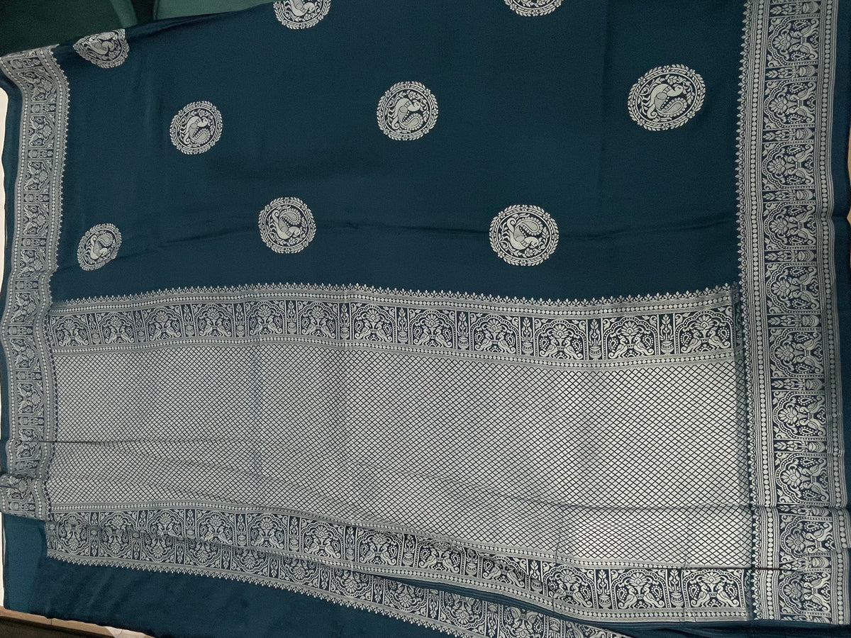 Peacock Blue Satin Mashru Silk Saree 07
