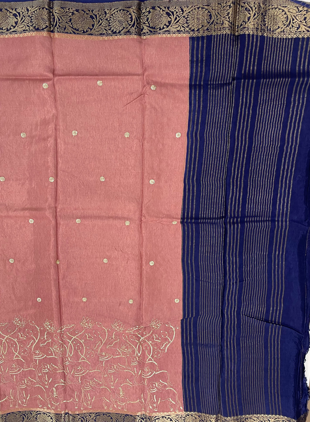 Peach n Navy Blue Tussur Crepe Sequence Work Saree 21