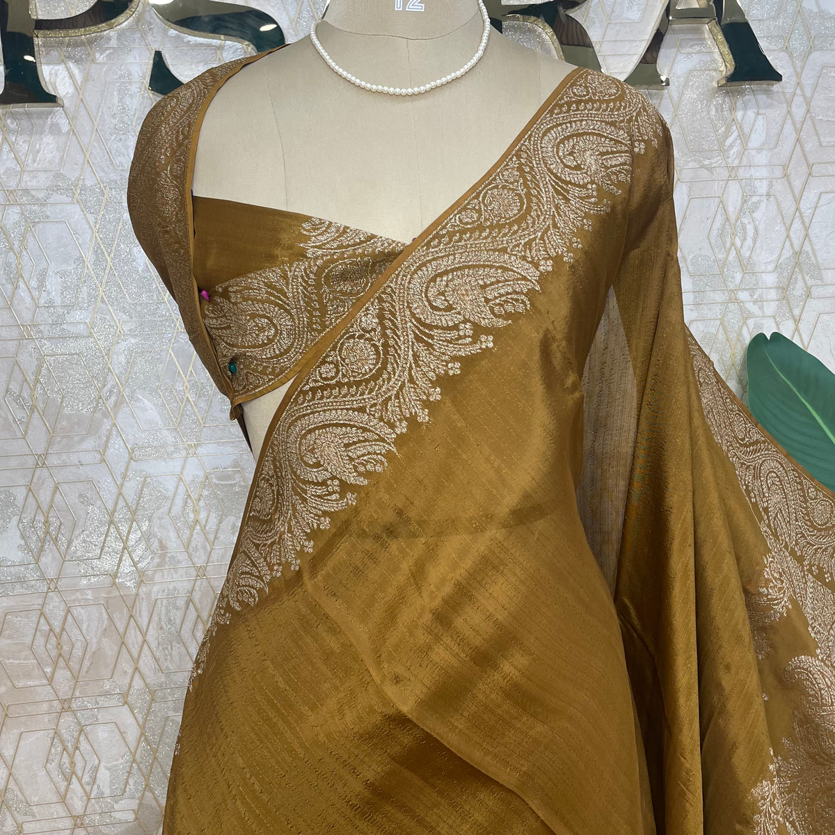 Mustard yellow Banarasi Tussar Georgette Saree 308
