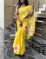 Yellow Lenin Cotton Floral Print Saree 19