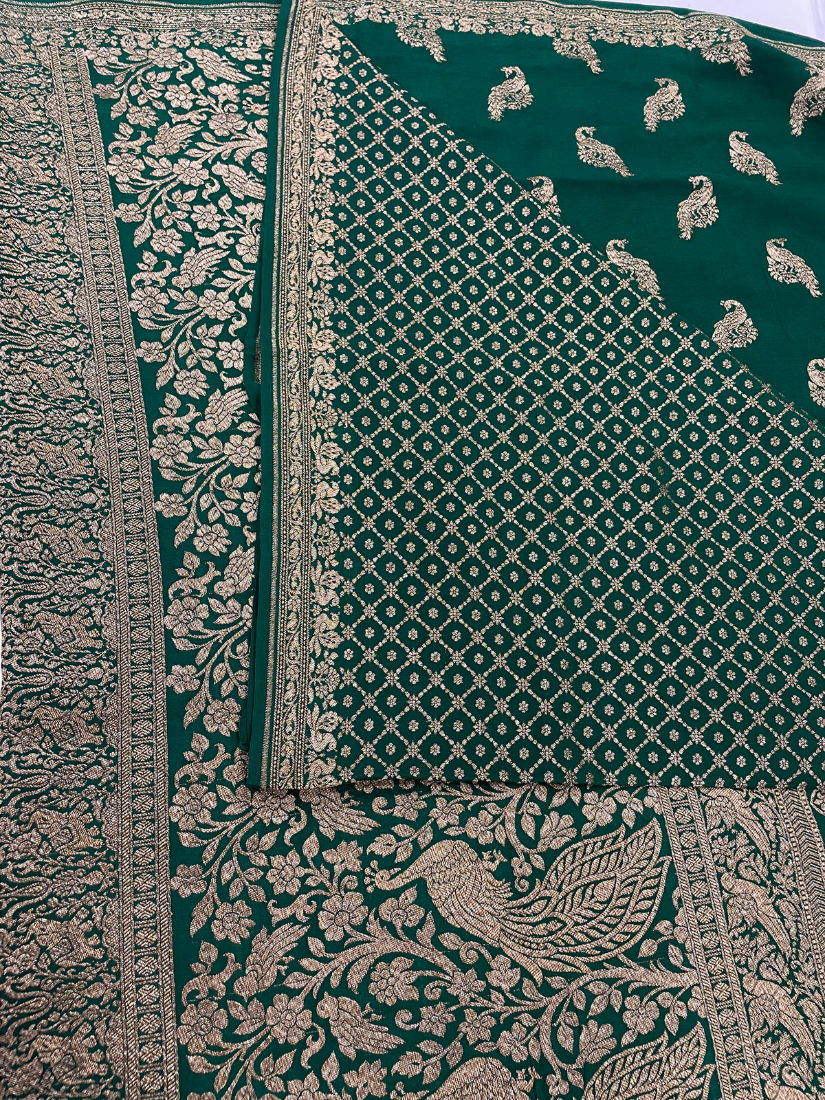 Bottle Green Pure Banarasi Crepe Self Saree 03
