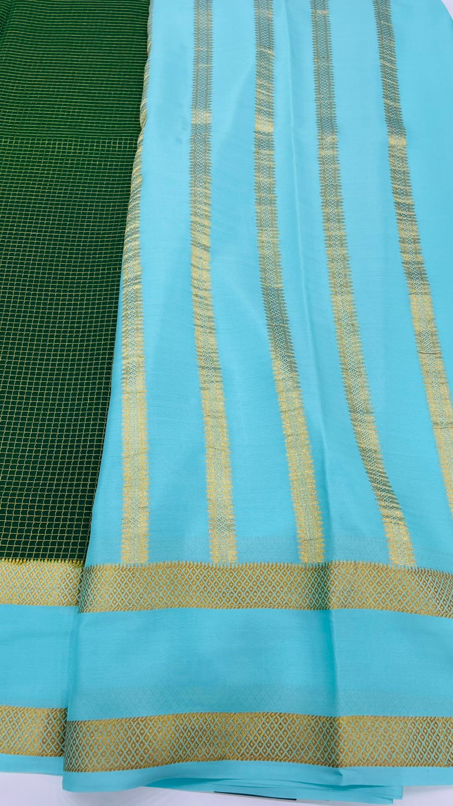 Bottle Green n Blue Bentex Checks Pure Mysore Silk Crepe Saree 01