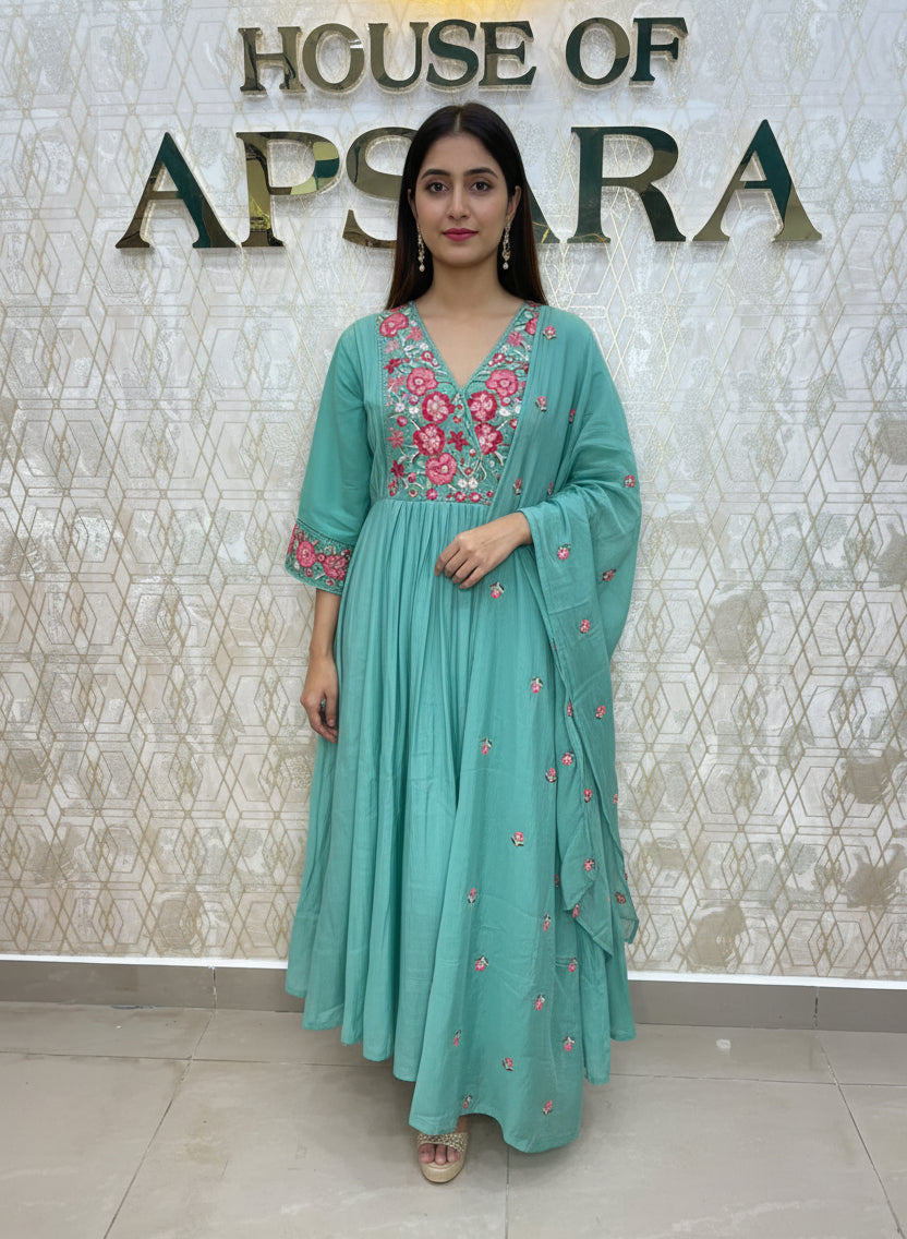 Sea Green Mul Chanderi Silk Hand Embroidery Kurtha 114