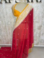 Red n Yellow With Silver Zari Semi Chiffon