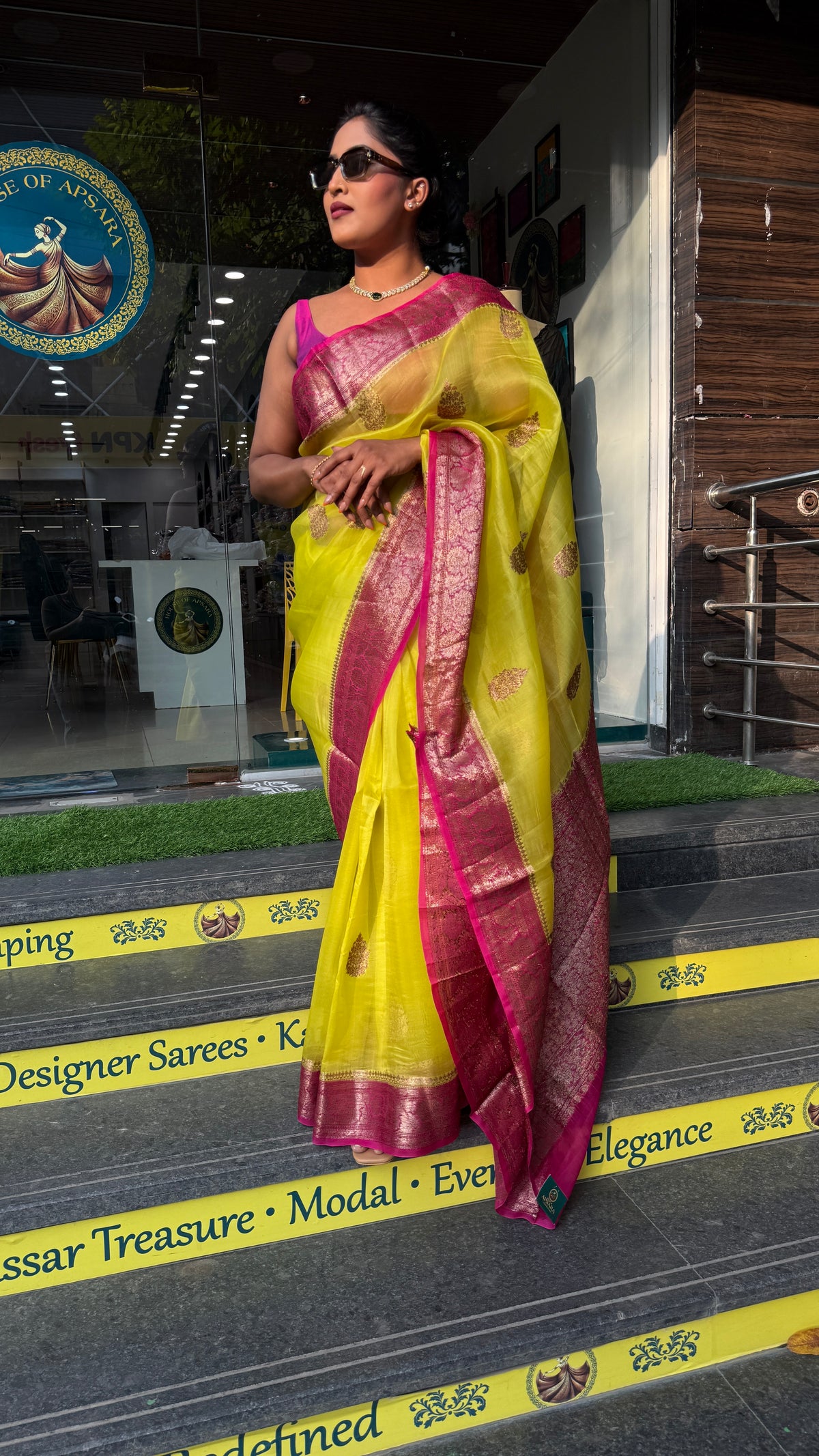 Neon Yellow Pure Kora Organza Antique saree 02