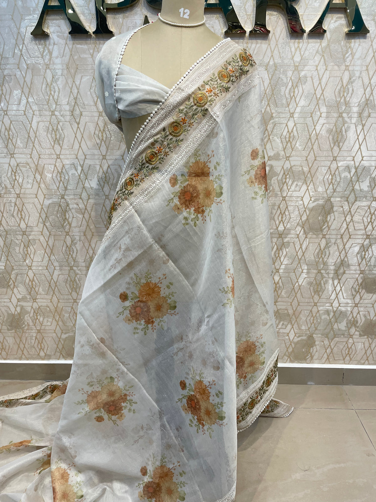 White n Beige Soft Tissue Embroidery With Floral Print Saree 64