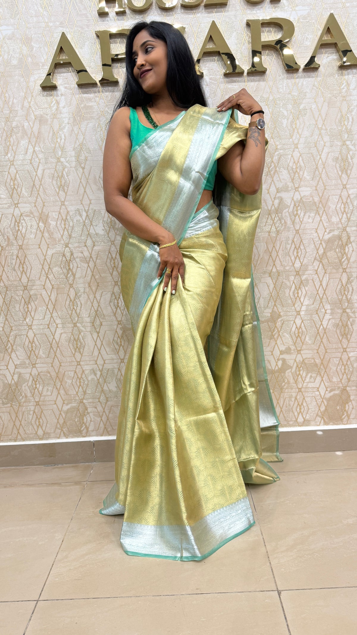 Gold n Green Pure Tissue Brocade Saree 11