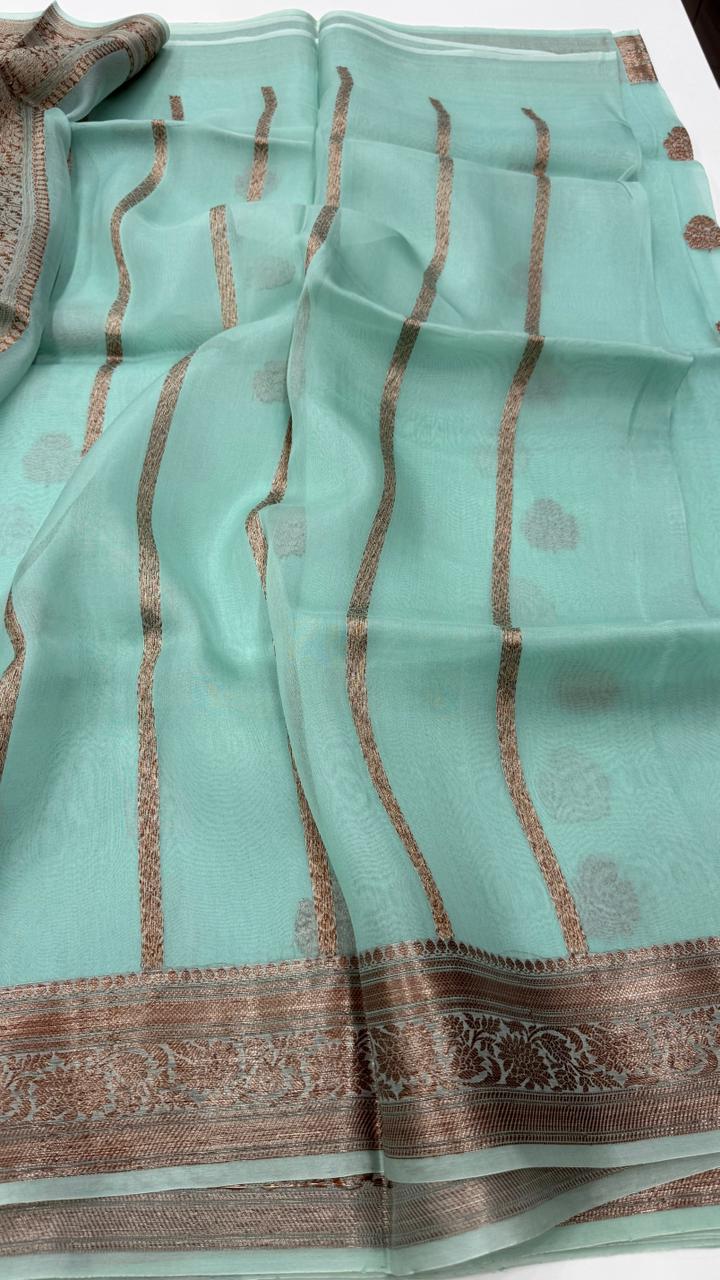 Sky Blue Pure Kora Organza Antique saree 02