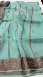 Sky Blue Pure Kora Organza Antique saree 02