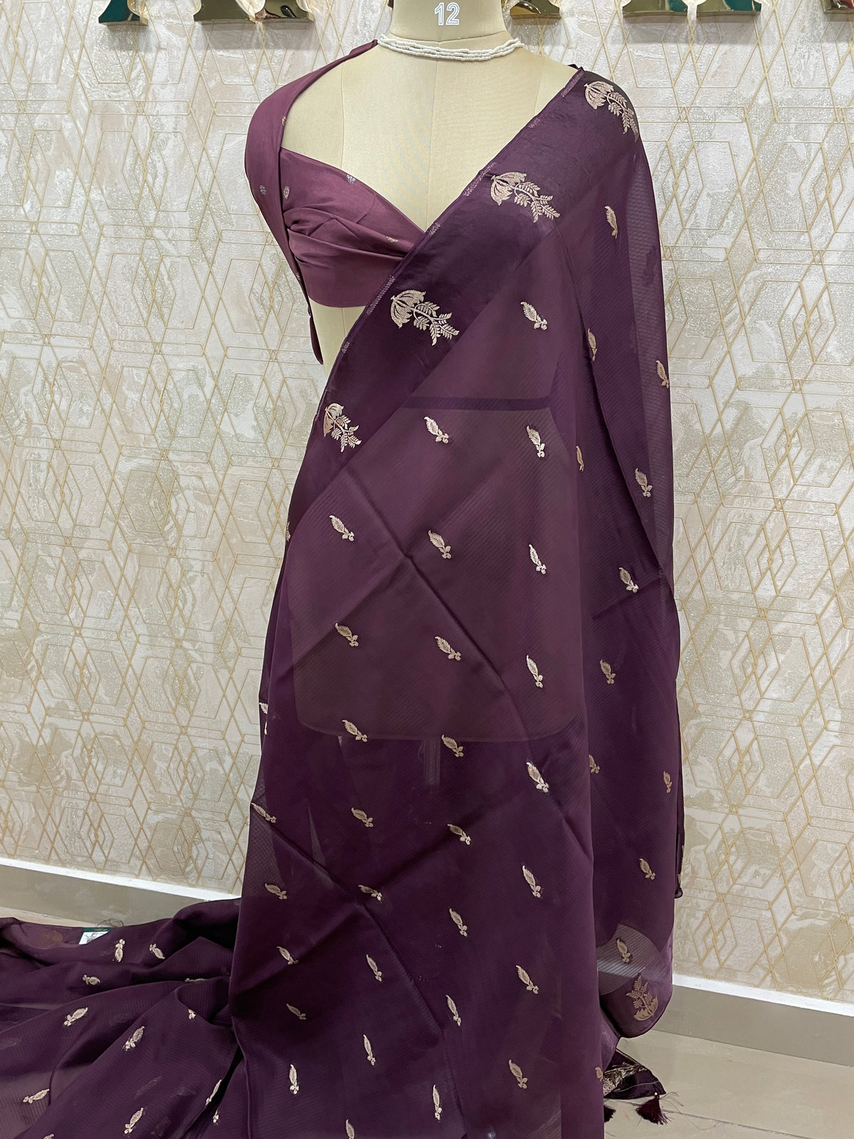 Dark Wine Banarasi Raw Mango Silk Saree 32