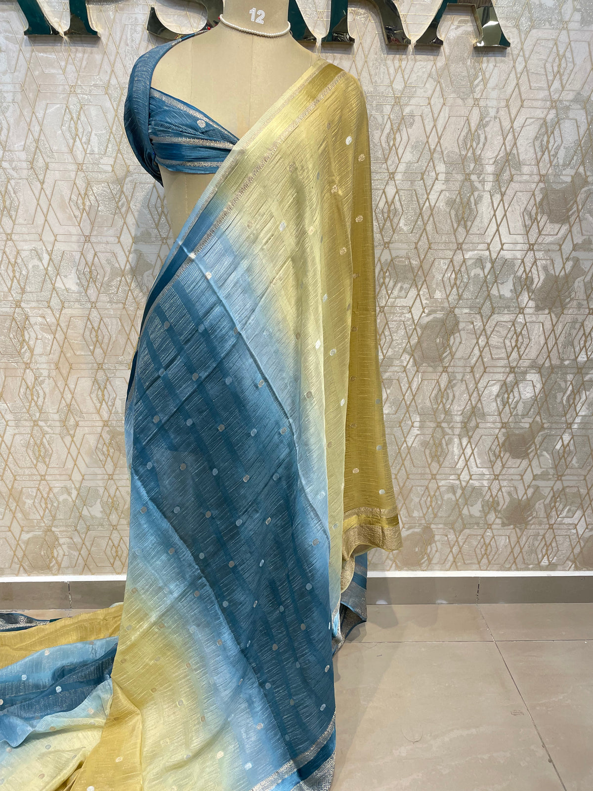 Blue n Gold Wrinkle Chiffon Dual Shade Saree 65