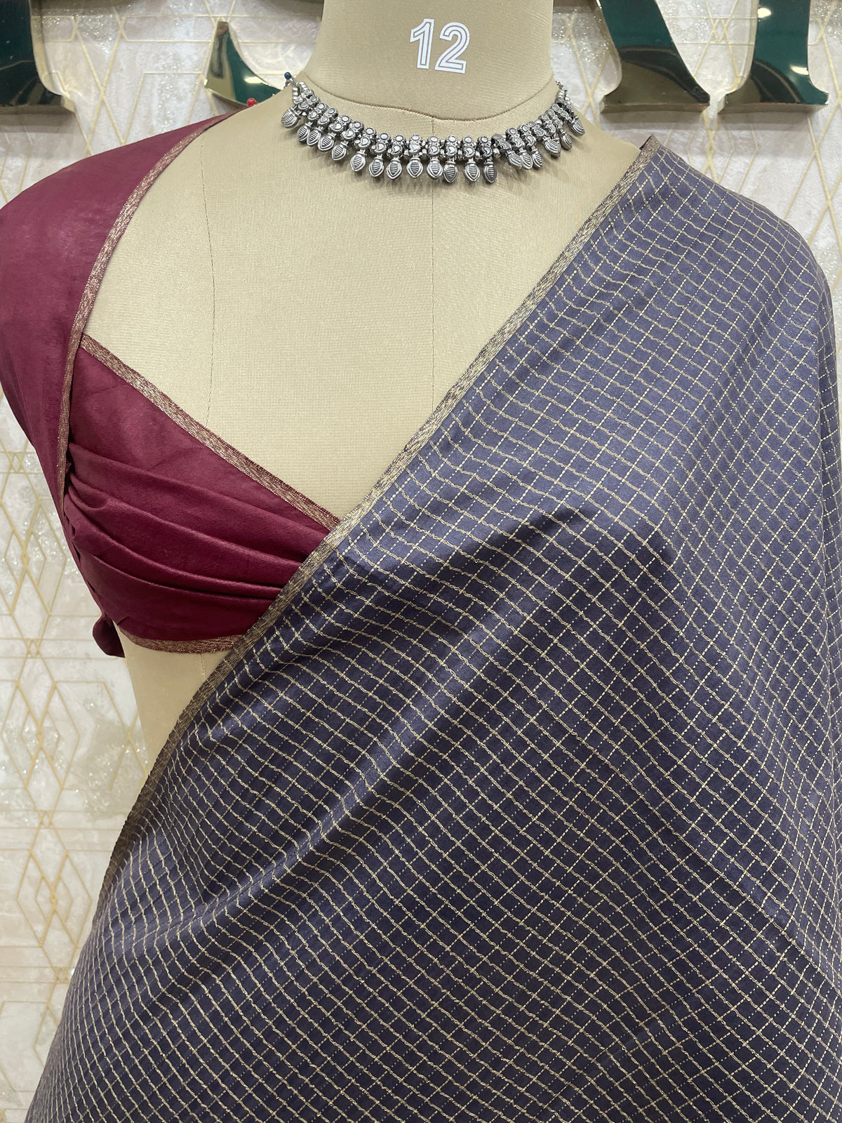 Grey n Maroon Checks Cotton Silk Saree 13
