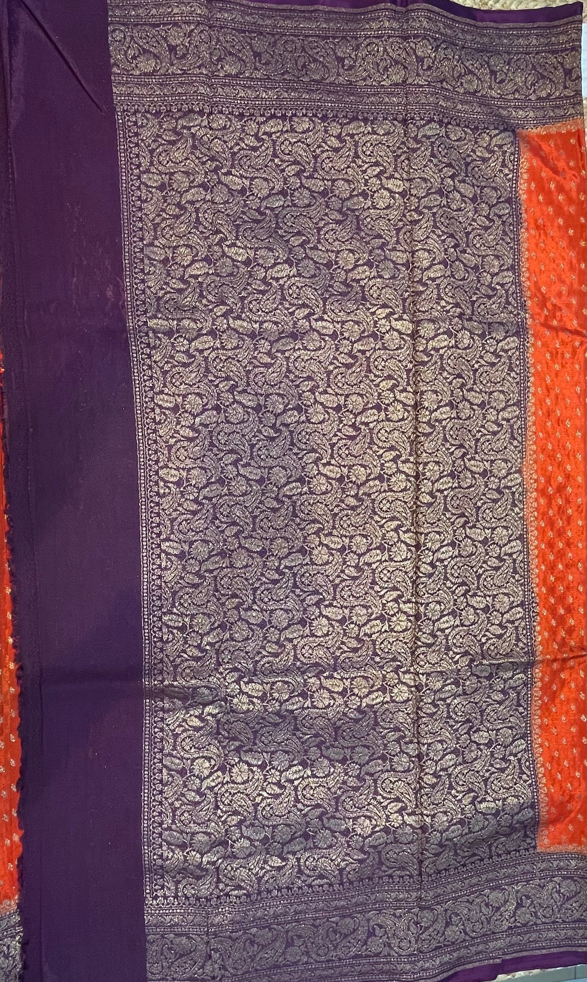 Orange n Purple Banarasi Crepe Saree