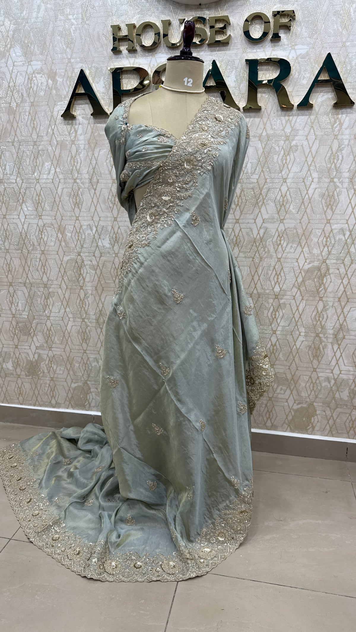Mint Grey Shimmer Designer Saree