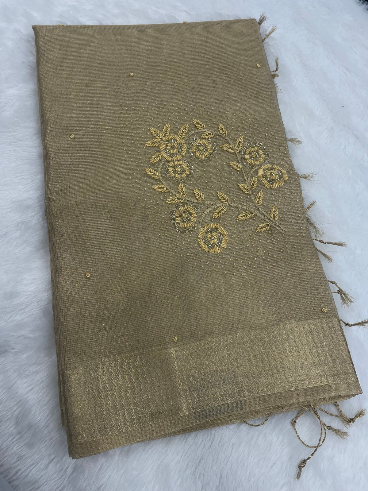 Gold Designer Embroidery Work Tissue Saree 09