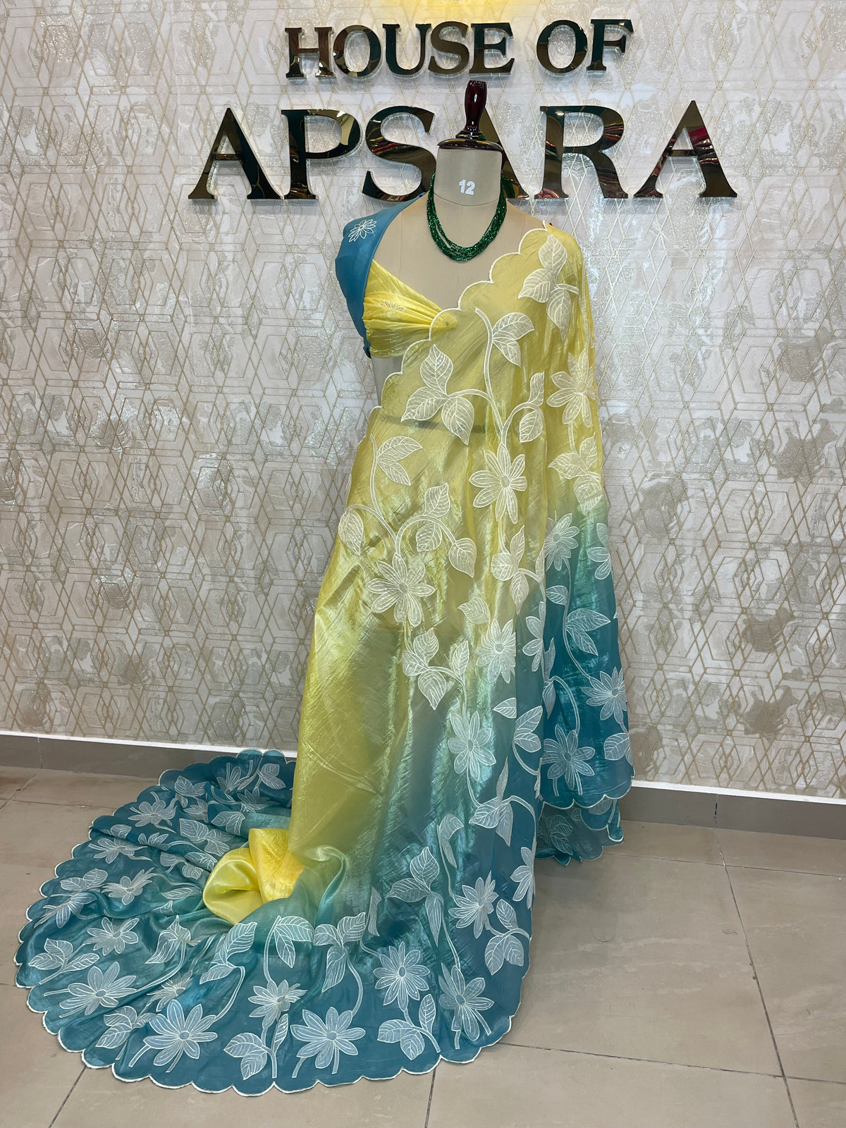 Yellow n Blue Organza Applique Work Saree 20