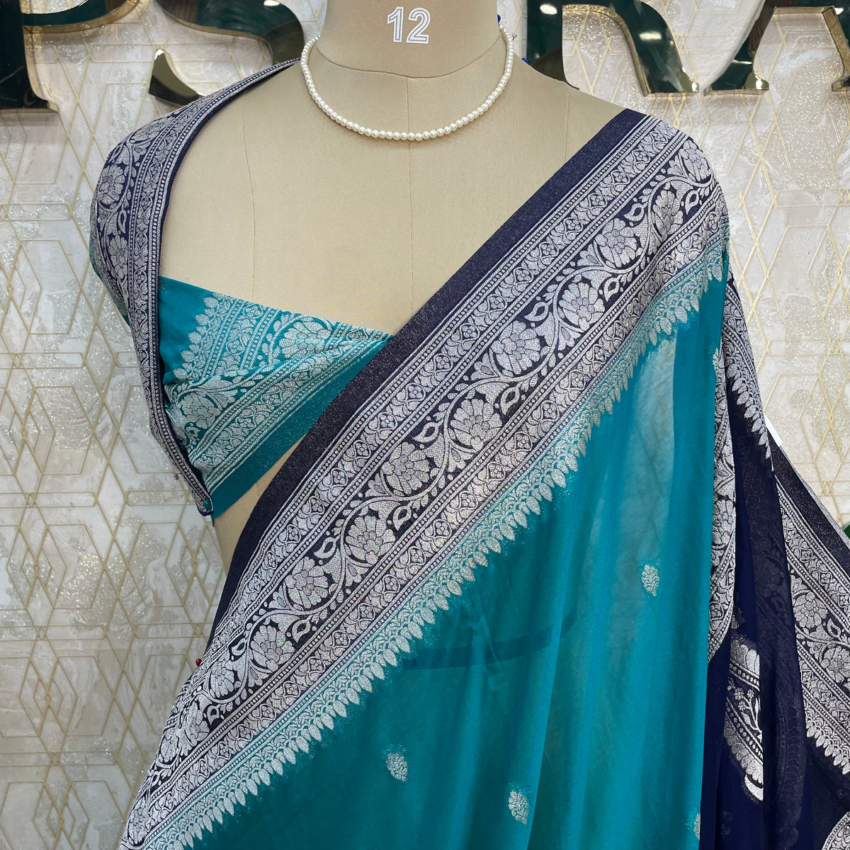 Teal Blue n Purple Banarasi Silk Saree With Silvar Zari Semi Chiffon
