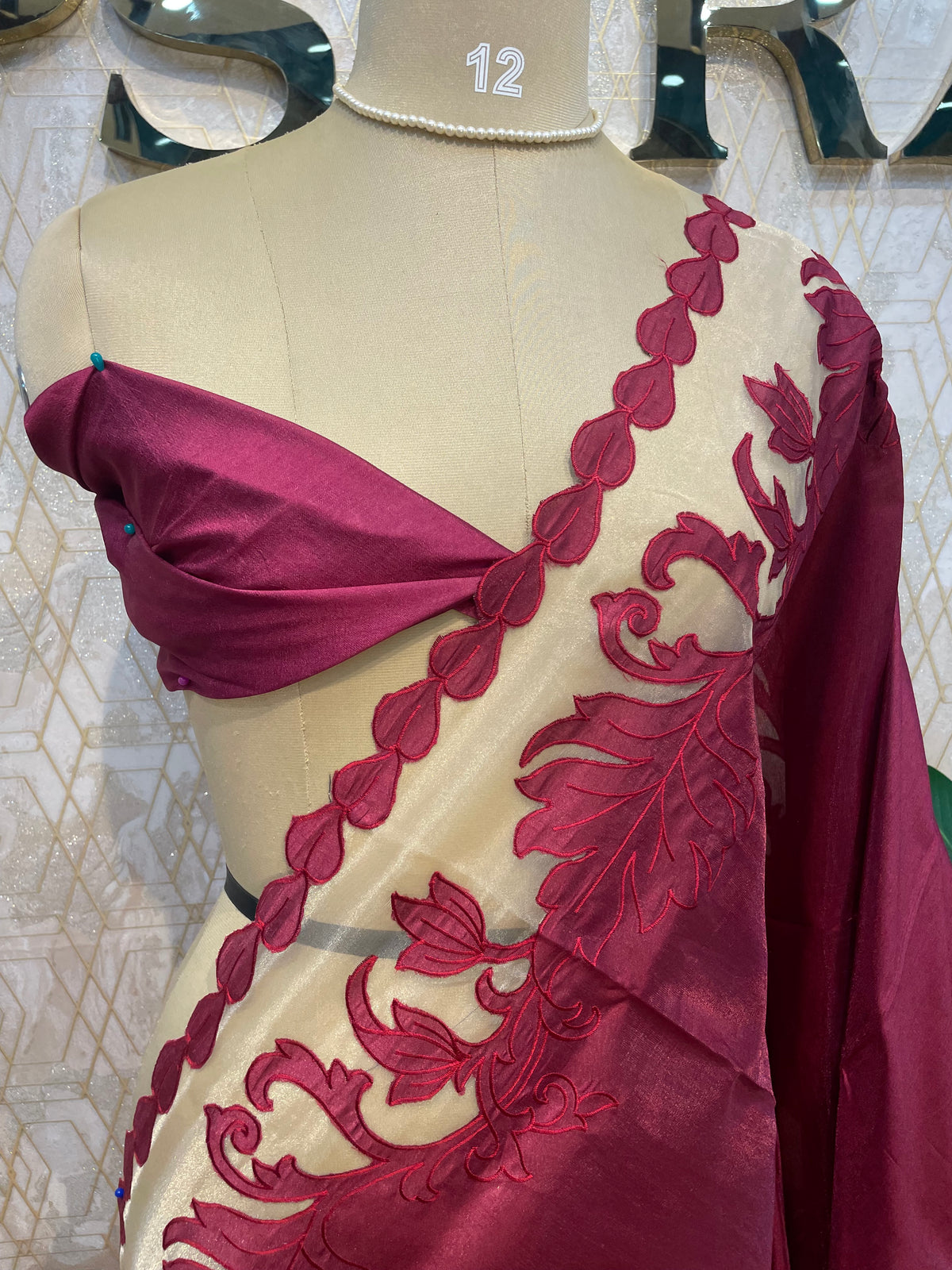 Maroon Tissue Aplique Embroidery Saree 29