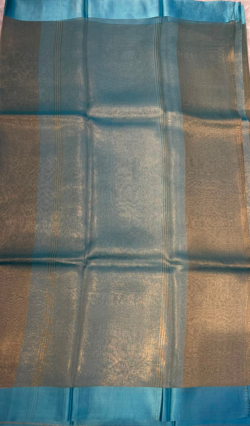 Gold n Blue Pure Tissue Organza Saree 11