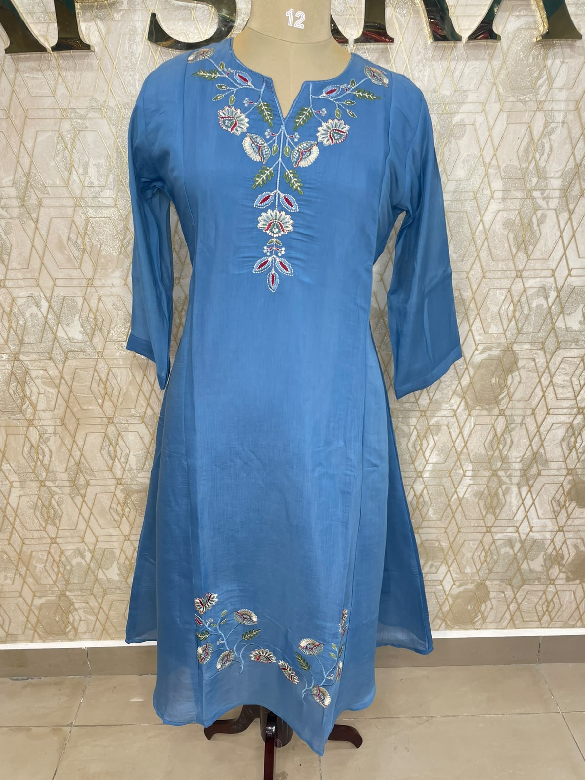 Blue Mul Chanderi Silk Hand Embroidery Airline Kurtha 114