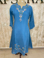 Blue Mul Chanderi Silk Hand Embroidery Airline Kurtha 114