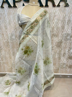 White n Green Soft Tissue Embroidery With Floral Print Saree 64