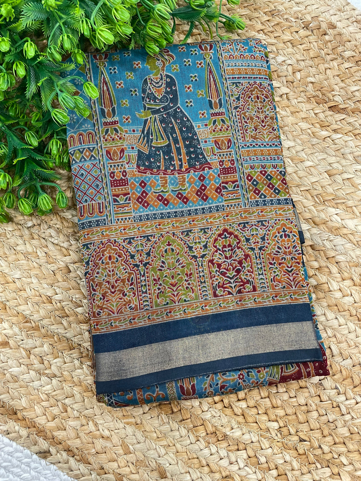 Blue Position Print Mangalgiri Cotton Silk Saree 13