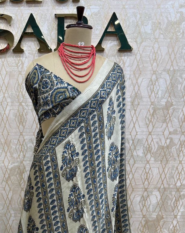 Cream Pure Modal Silk Ajrak Print Saree 05