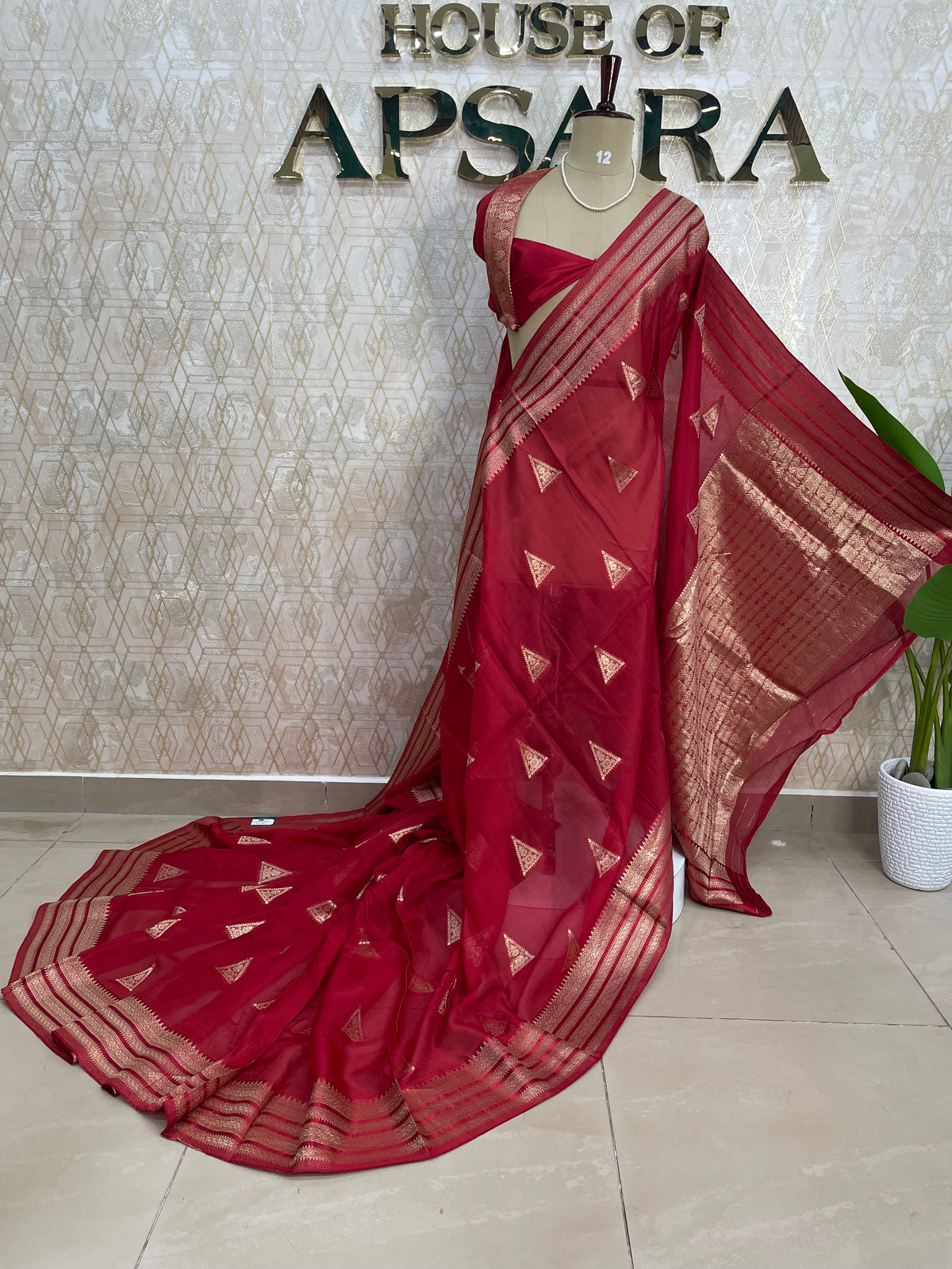 Red Crepe Kota checks saree 309