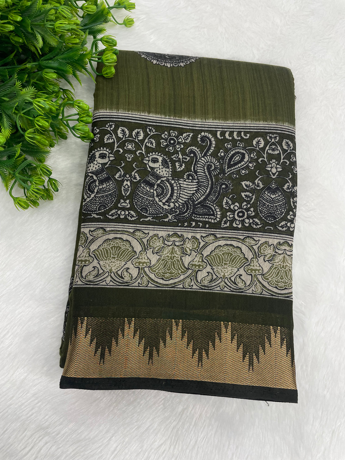 Mehendi Green n Black Pure Mangalgiri Cotton Silk Saree 13