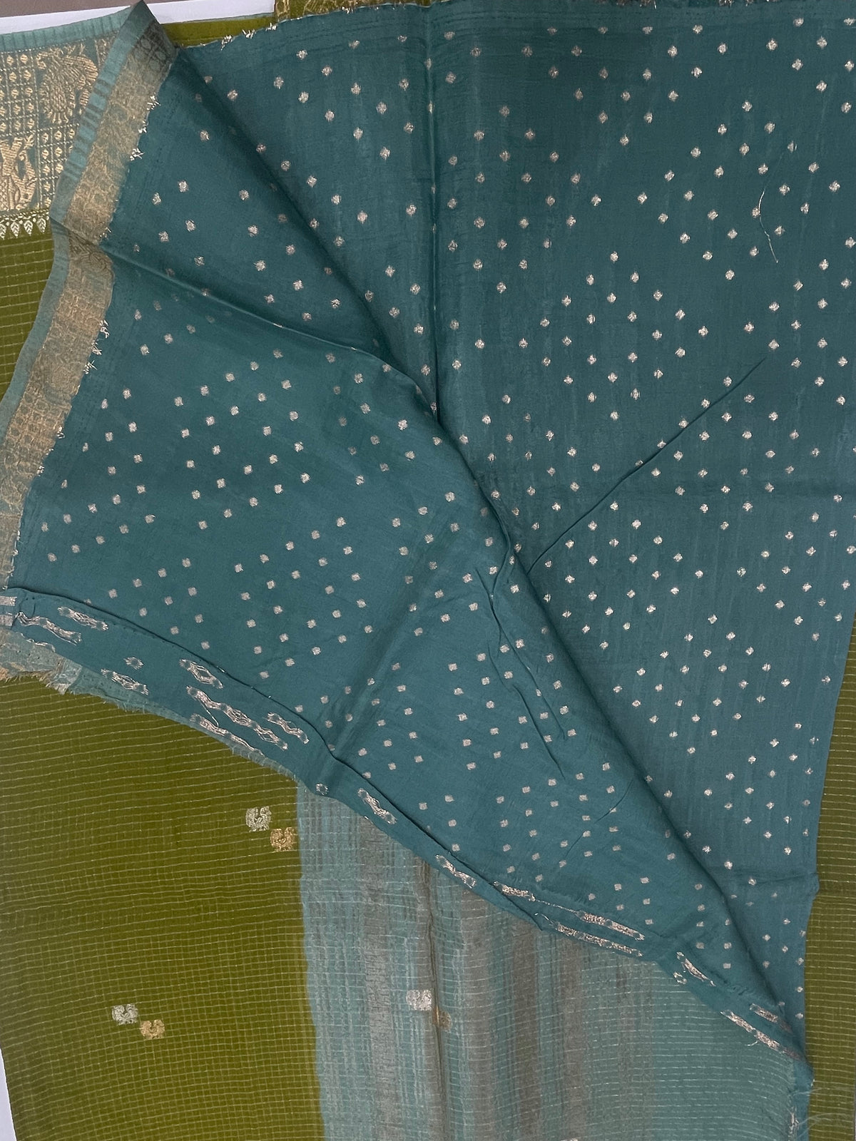 Olive Green n Blue Checks Cotton Silk Saree 13