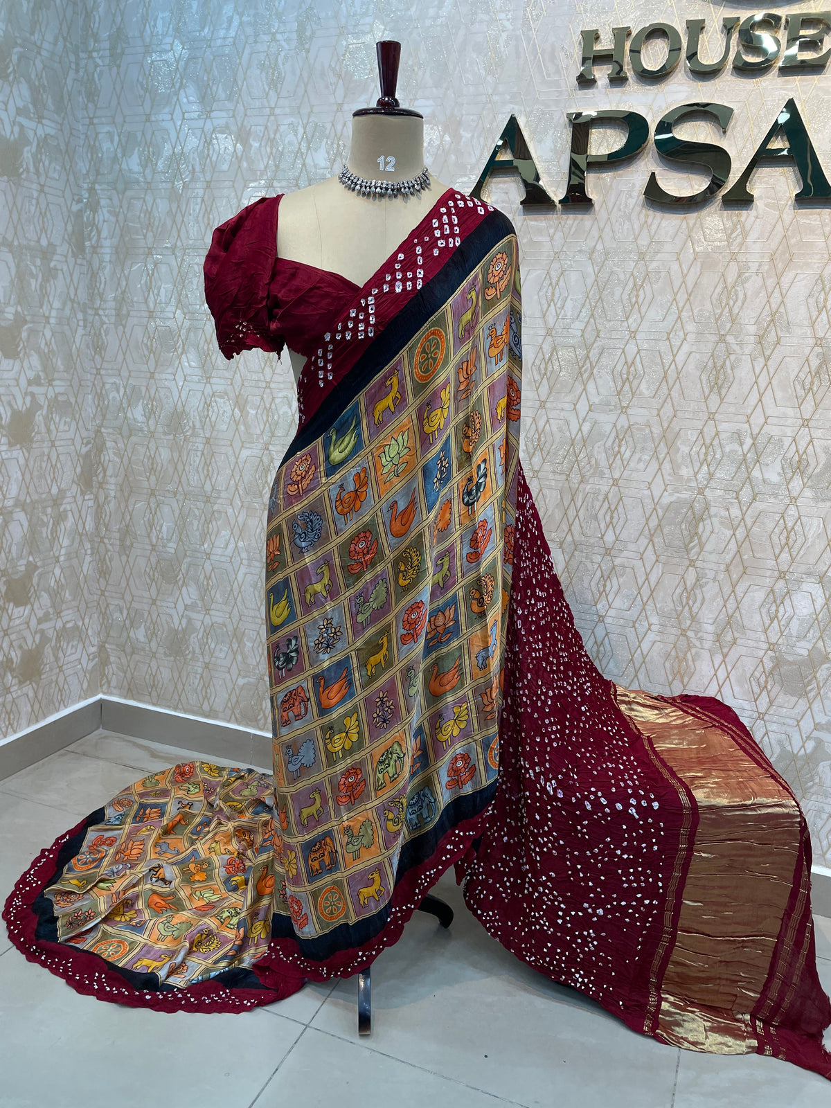 Gold n Maroon Pure Modal Silk Kalamkari Print Saree 05