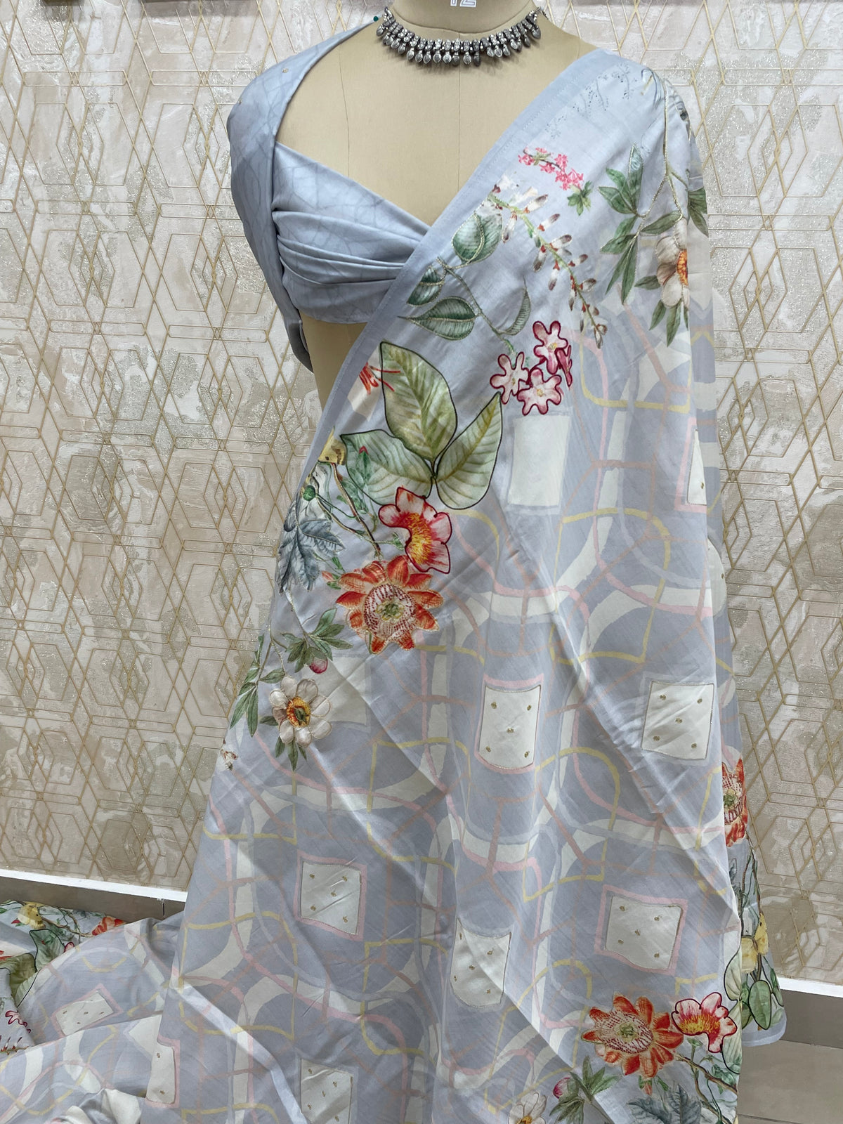 Grey Soft Tussur Aari Work Saree 38
