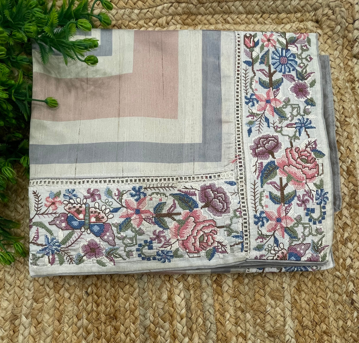 Beige n Grey Soft Tussur Petite Embroidery Saree 21