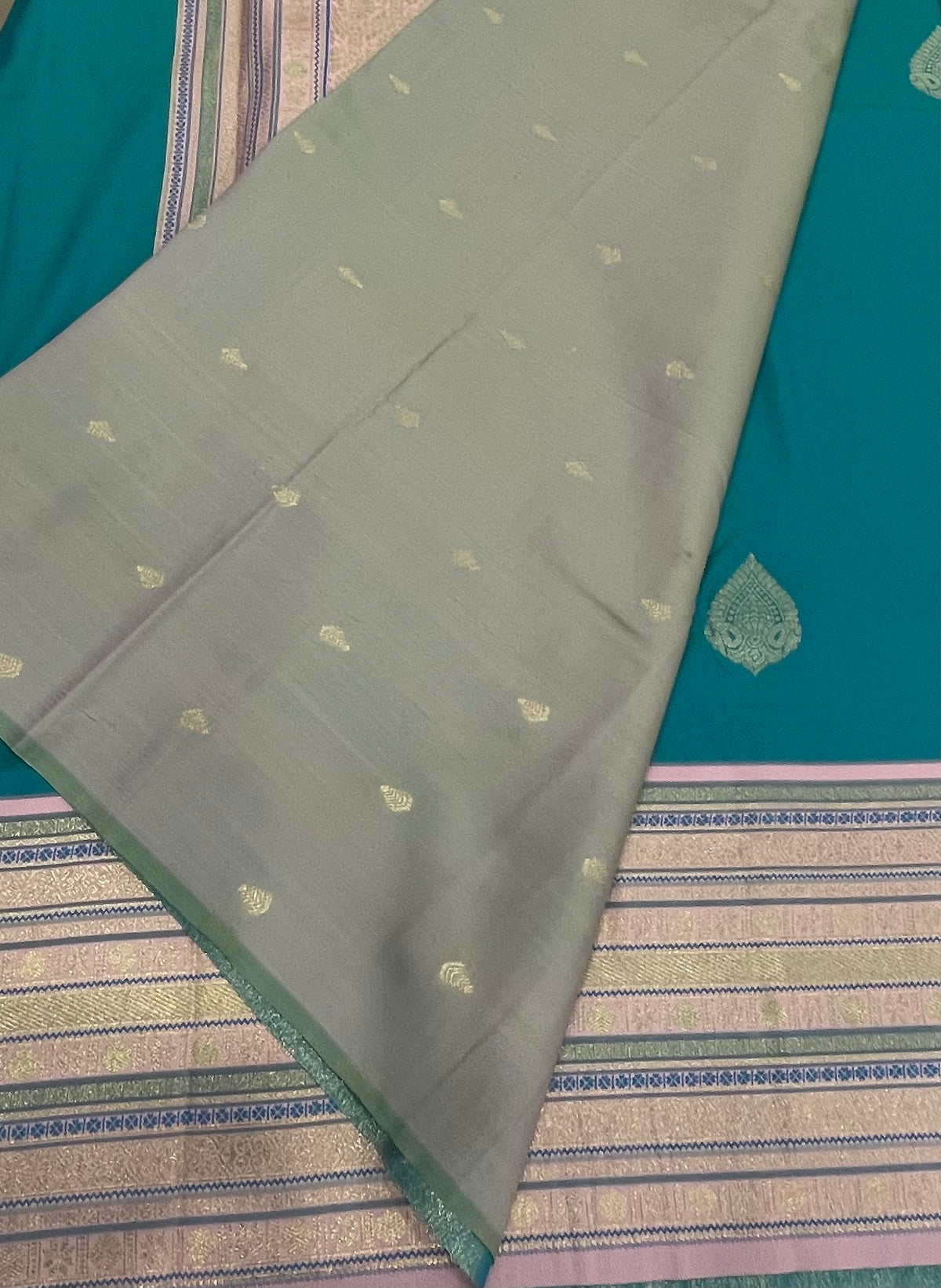 Peacock Blue n Baby Pink Semi Silk Saree 42