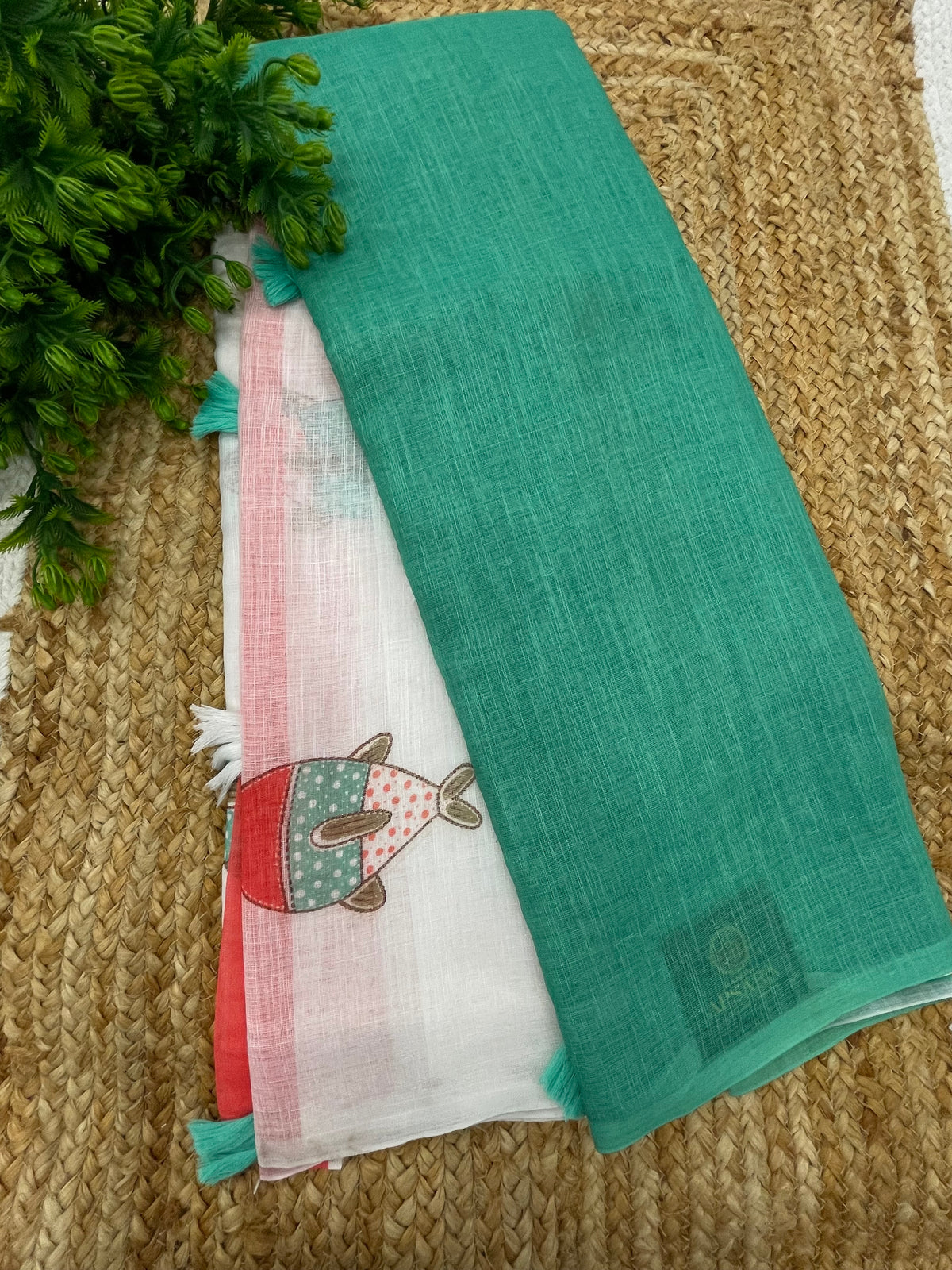 Sea Green n White Lenin Cotton Floral Print Saree 19