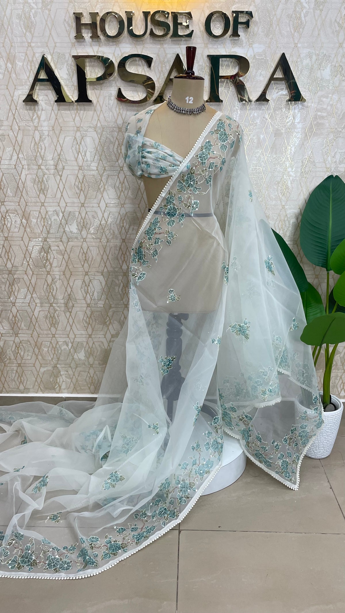 White n Green Soft Organza Embroidery Saree 103