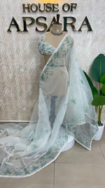 White n Green Soft Organza Embroidery Saree 103