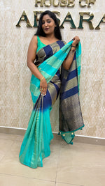 Sea Green n Blue Dual Shade Crepe n Tissue Fusion Saree 13