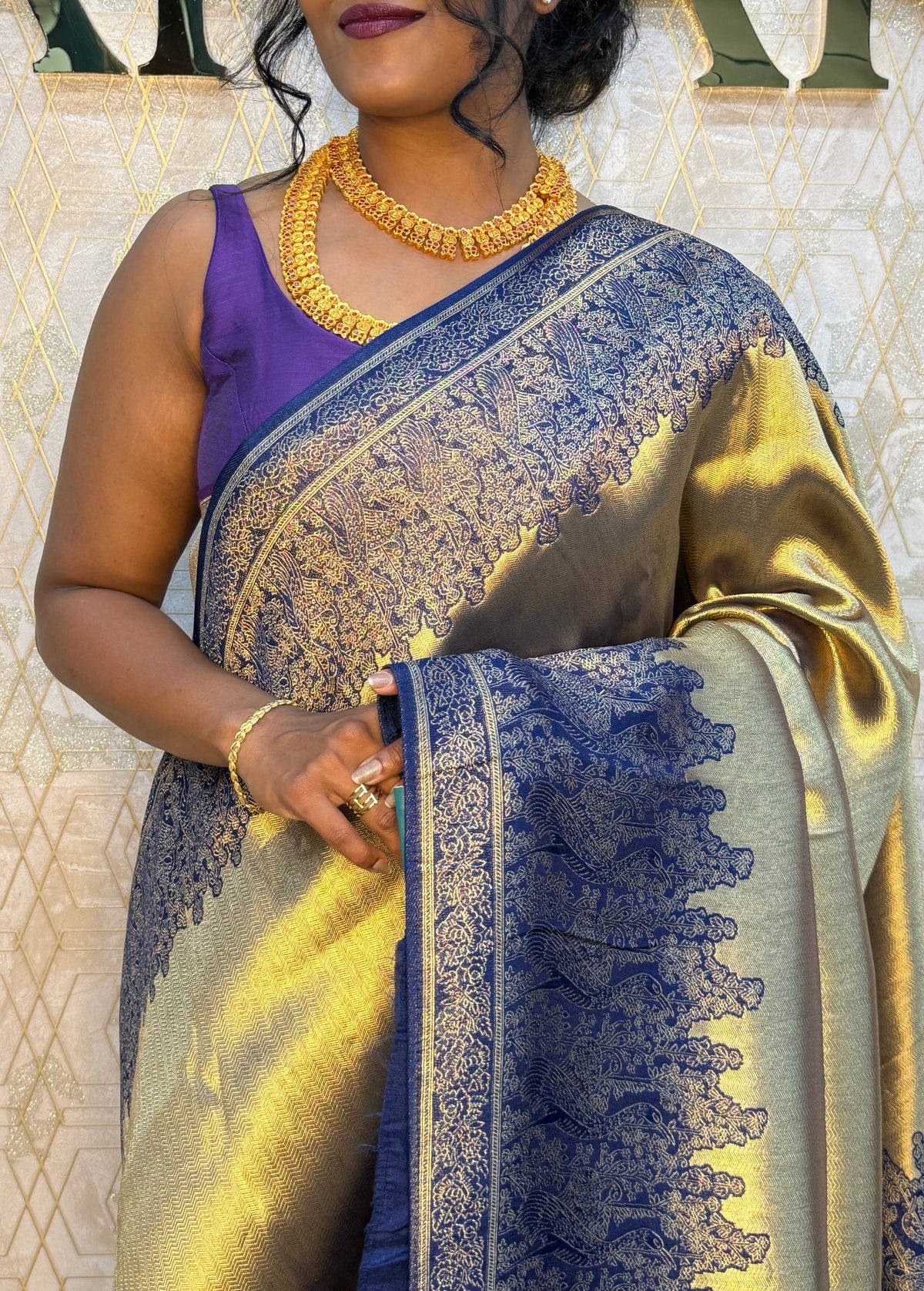 Gold n Navy Blue Soft Tissue Saree 11