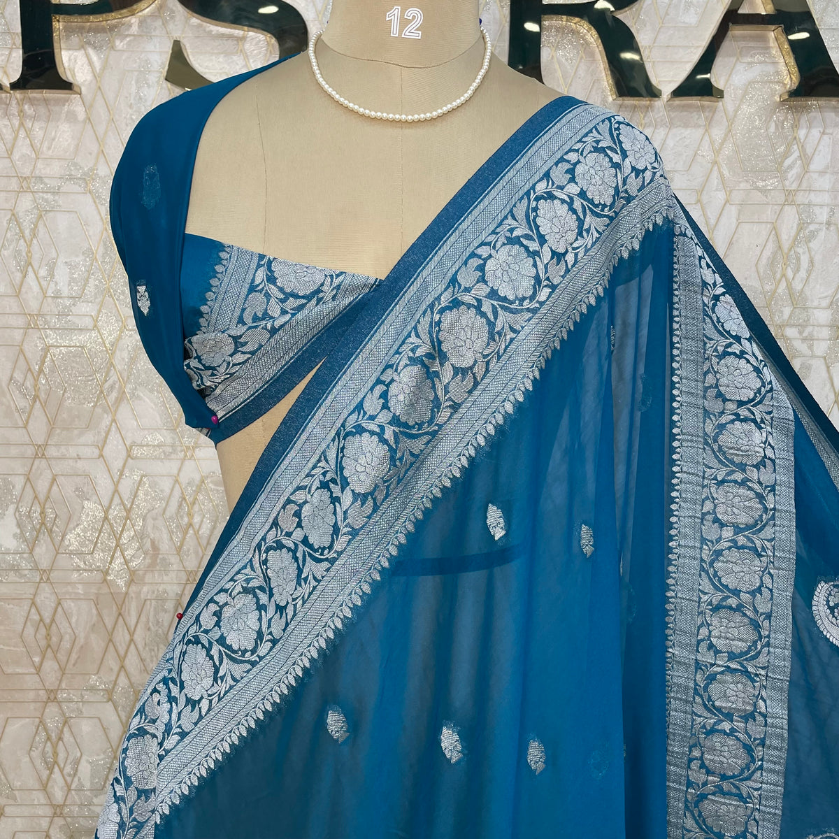 Peacock Blue Banarasi Silk Saree With Silvar Zari Semi Chiffon