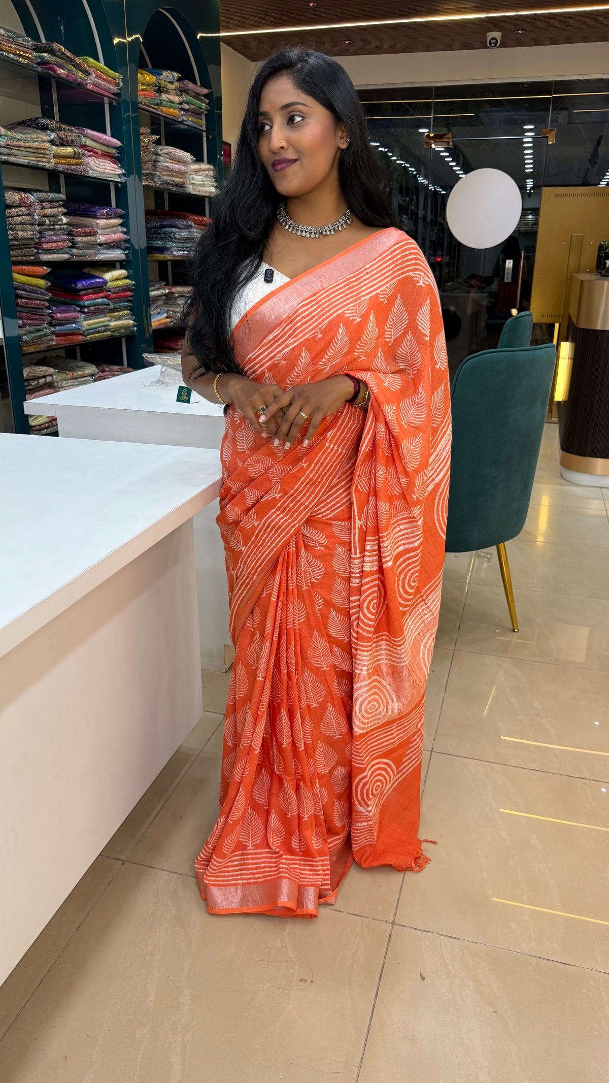 Orange Batik Print Lenin Saree 67