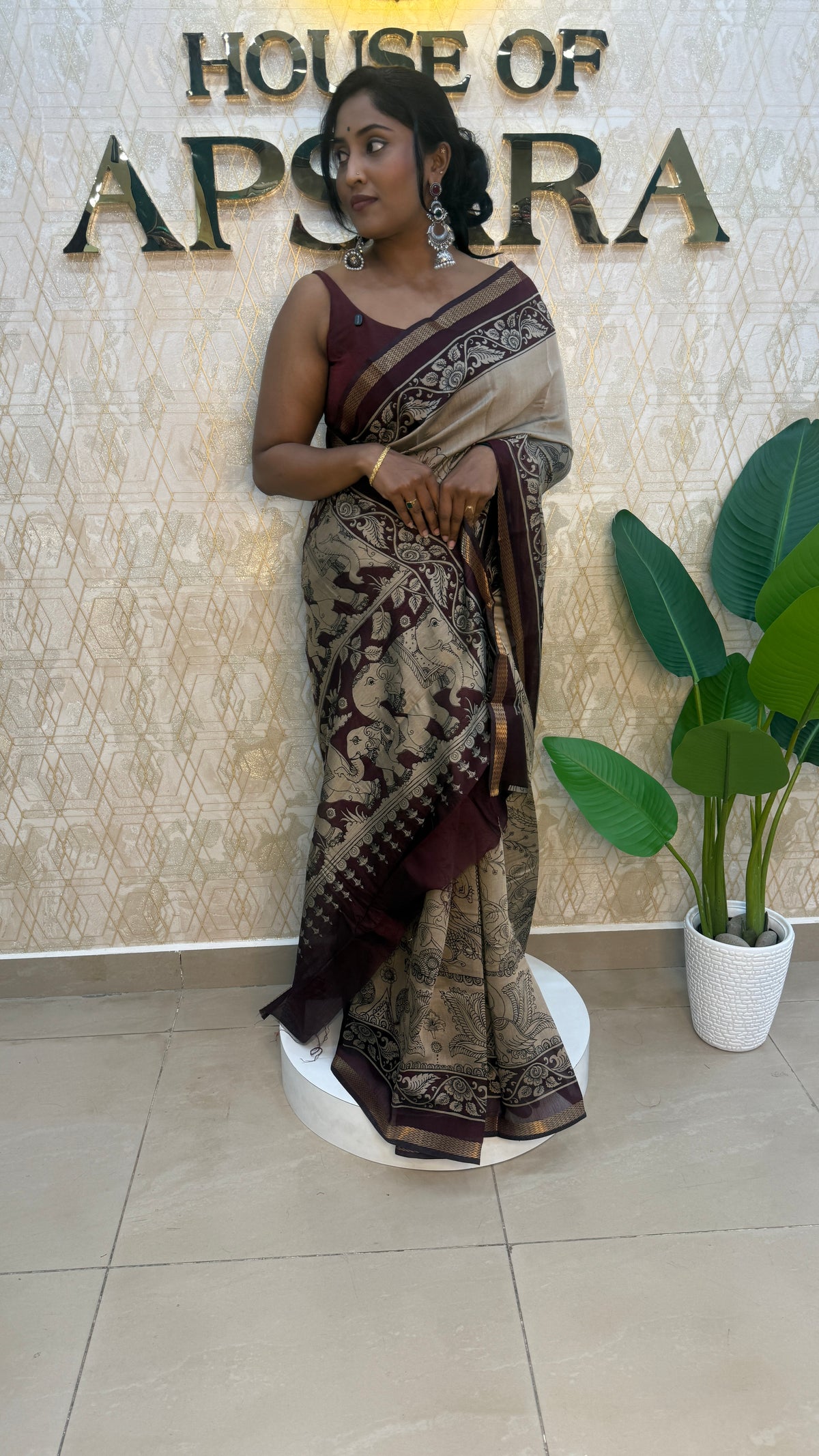 Cream n Maroon Kalamkari Print Mangalgiri Cotton Silk Saree 13