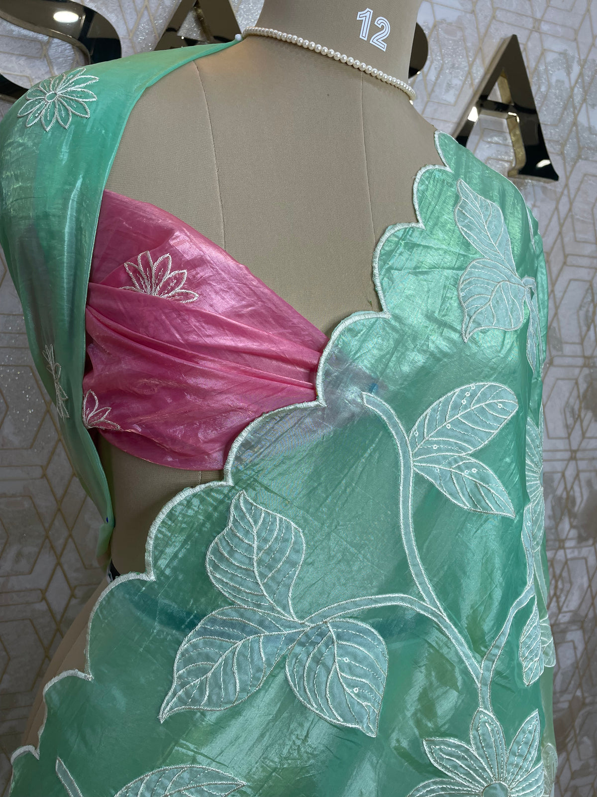 Green n Pink Organza Applique Work Saree 20