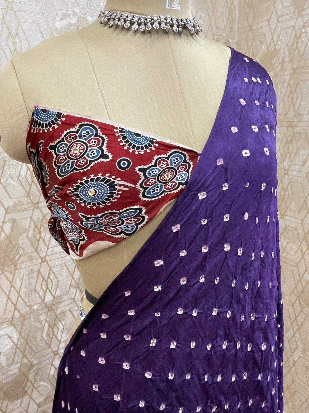 Purple Pure Modal Silk Bandhini With Mirror Saree 05