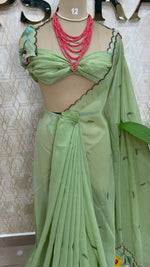 Pista Green Soft Crush Tissue Sunflower Embroidery Work Saree 301