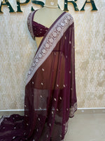 Wine With Silver Zari Semi Chiffon
