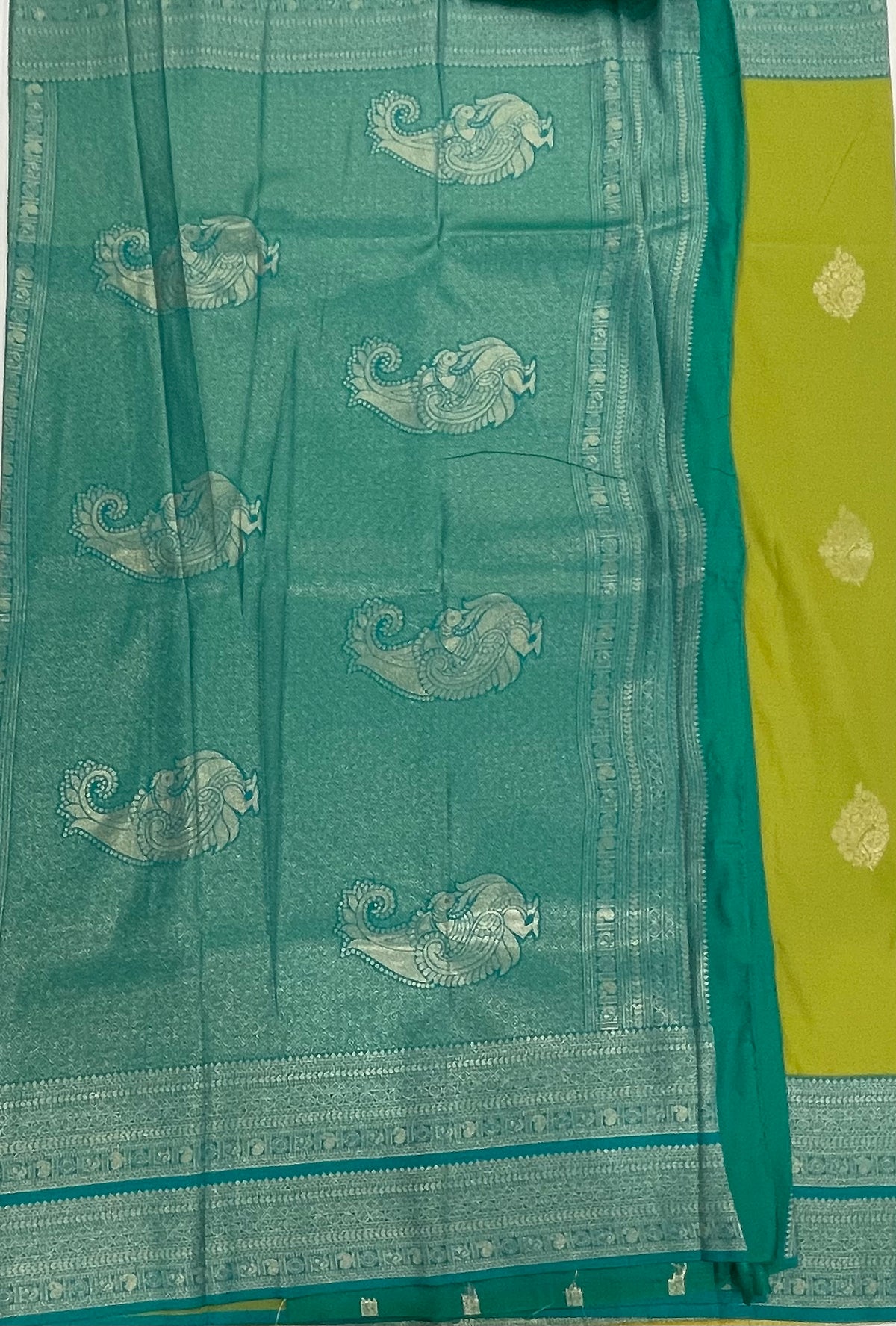 Parrot Green n Sea Blue Semi Silk Saree 42