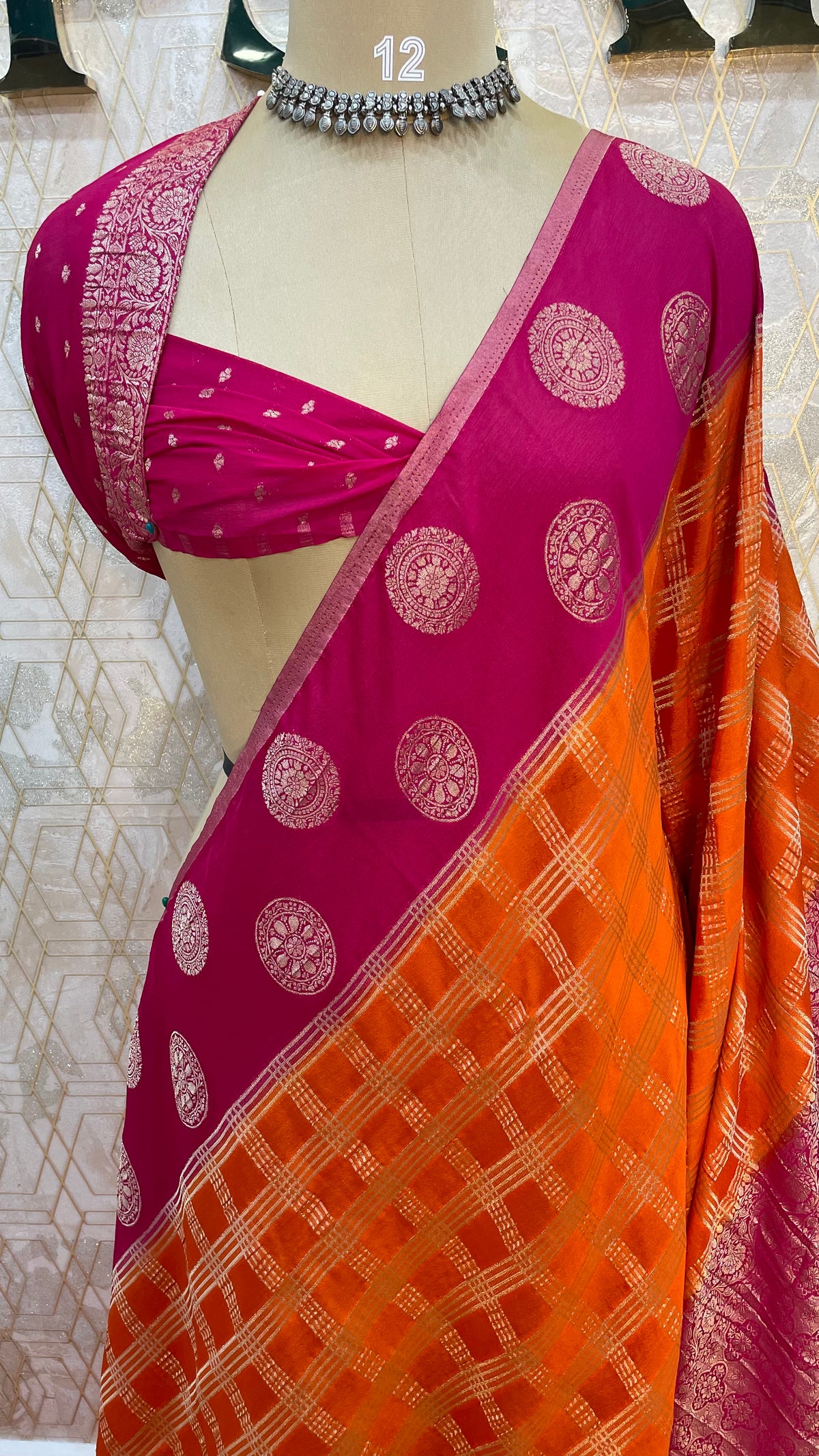 Orange n Pink Banarasi Chiffon Saree 97