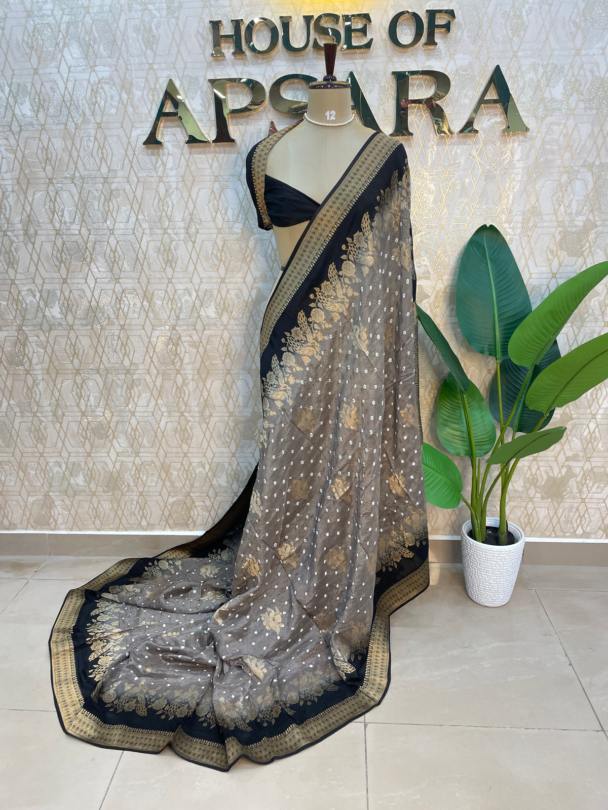 Grey n Black Dola Silk Real Bandhini Saree 91
